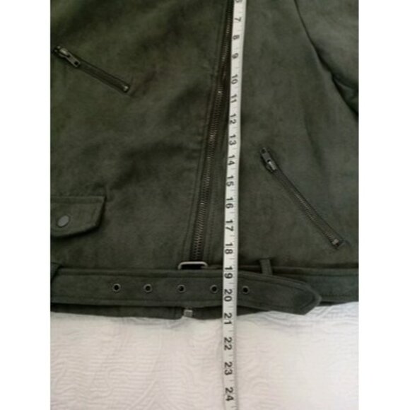 Forever 21 Olive Green Faux Suede Moto Jacket With Zipper Pockets & Belt Size L - Picture 9 of 12